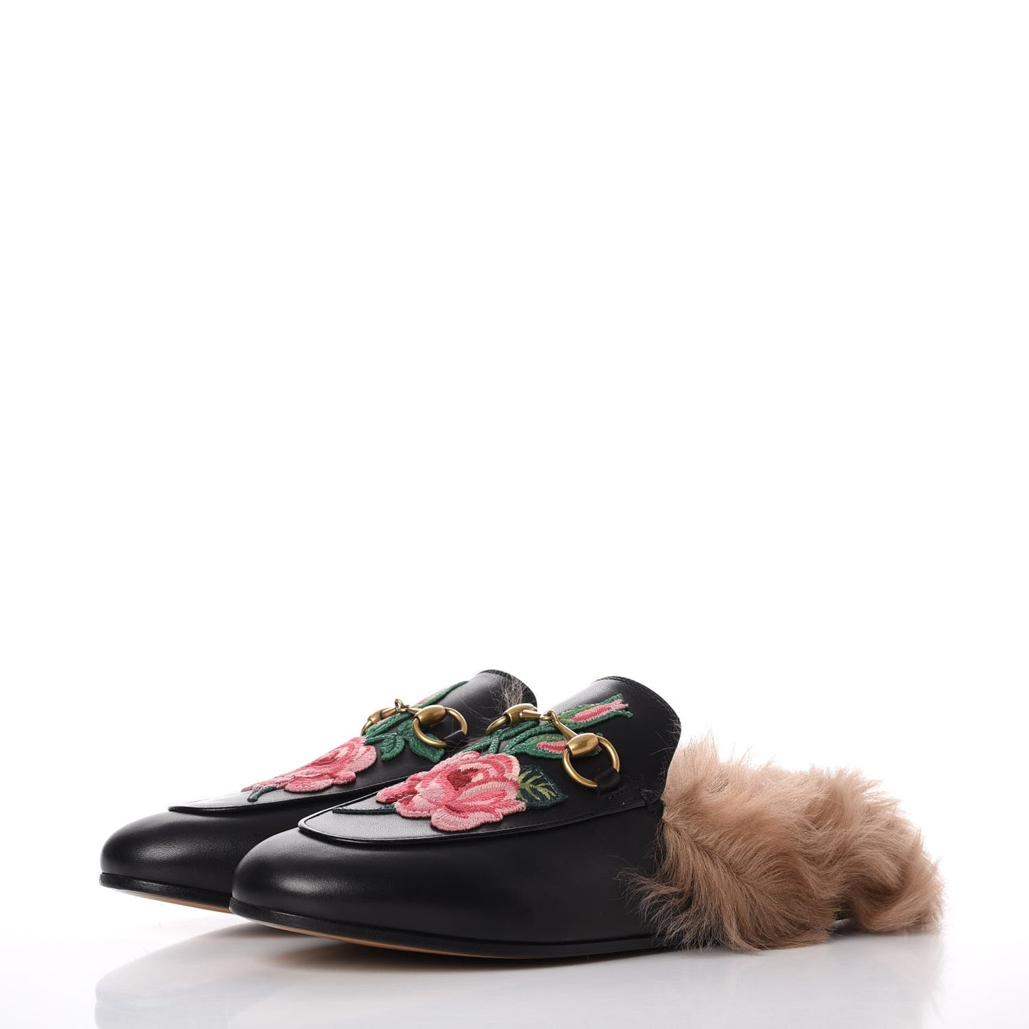 Calfskin Fur Flower Embroidered Womens Princetown Slippers 36.5 Black