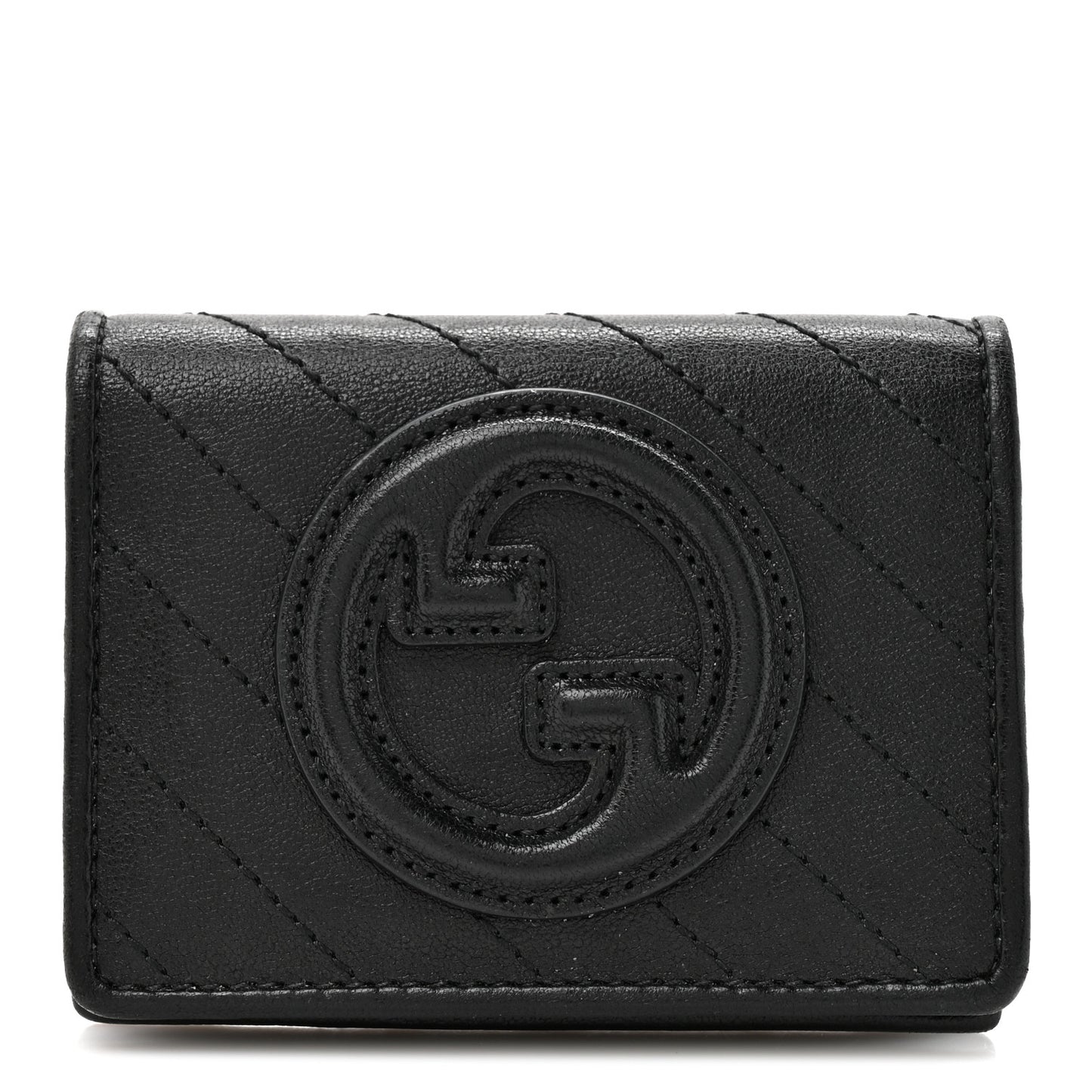 Sakai Be Green Calfskin Diagonal Stitched Blondie Card Case Wallet Black
