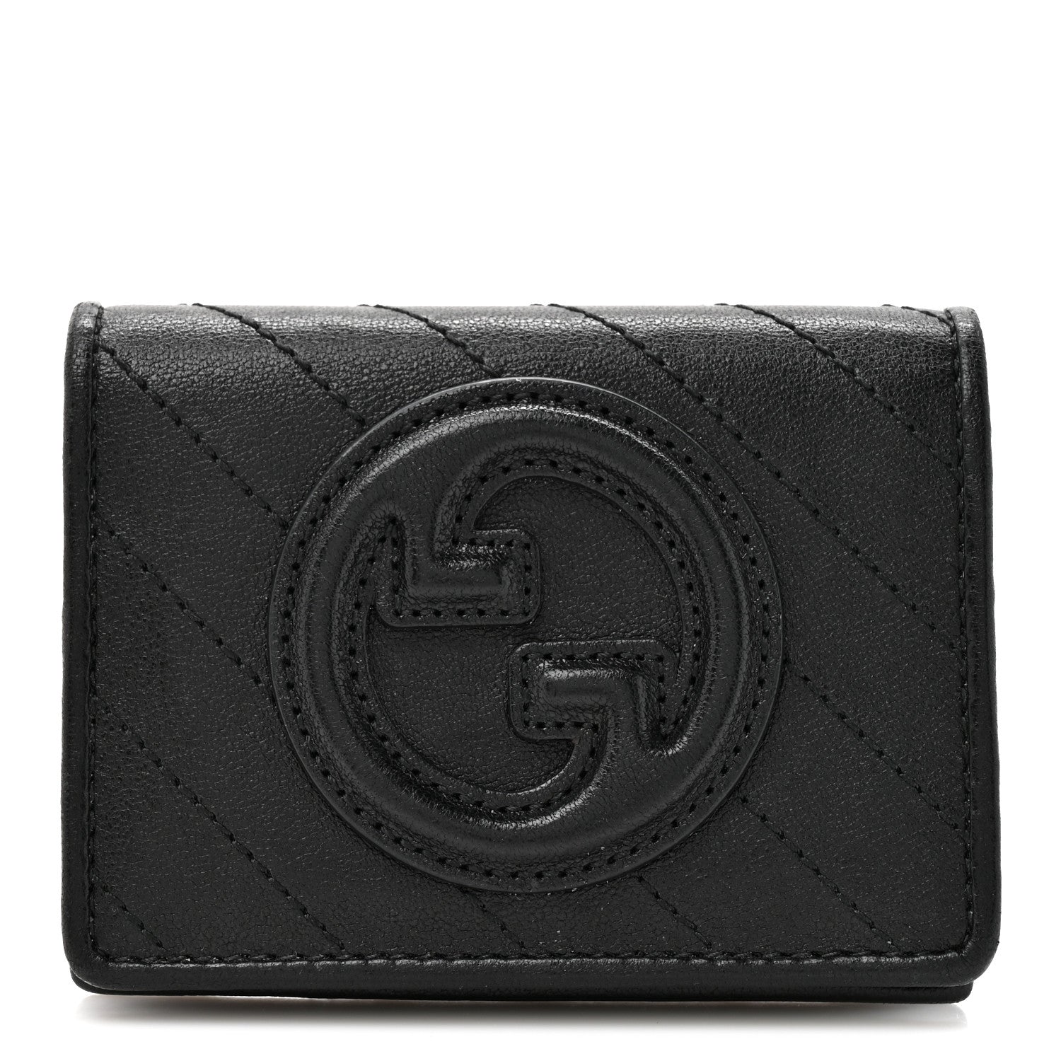 Gucci Sakai Be Green Calfskin Diagonal Stitched Blondie Card Case Wallet Black 1 of 9