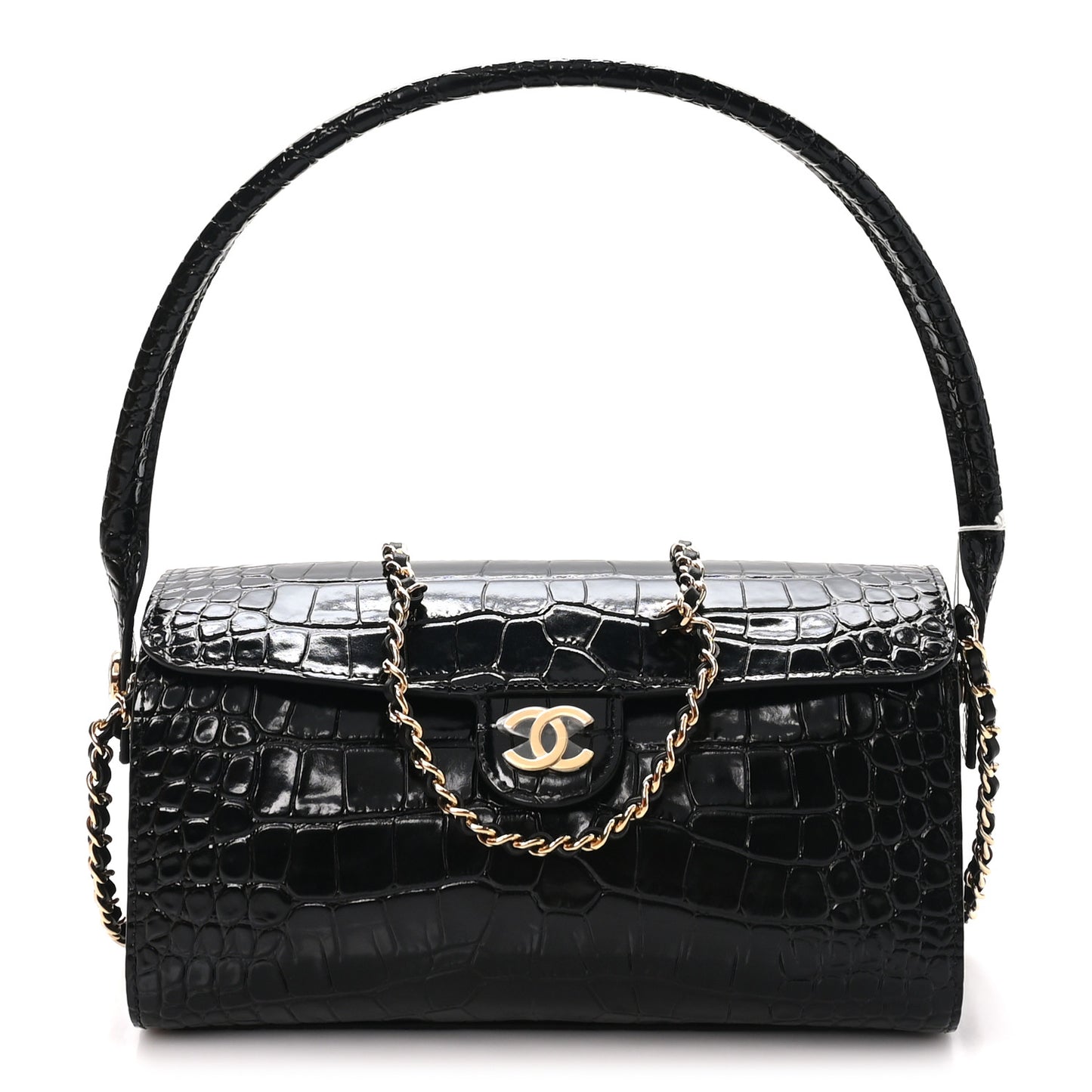 Calfskin Crocodile Embossed Turn Around Clutch With Chain Black