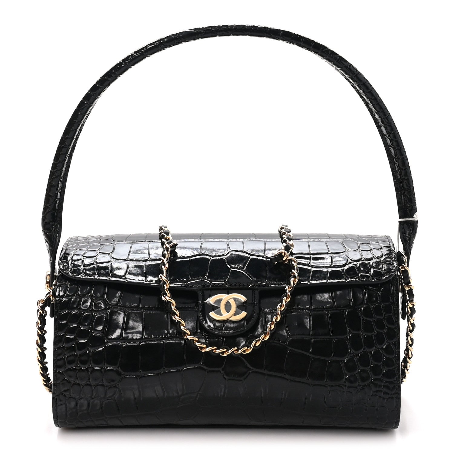 Chanel Calfskin Crocodile Embossed Turn Around Clutch With Chain Black 1 of 10