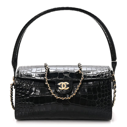 Chanel Calfskin Crocodile Embossed Turn Around Clutch With Chain Black 1 of 10