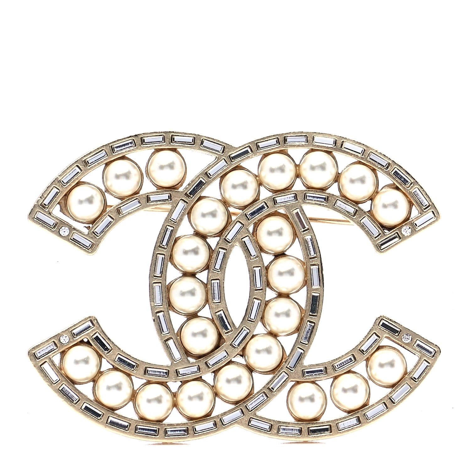 Chanel Crystal Baguette Pearl CC Brooch Gold 1 of 5