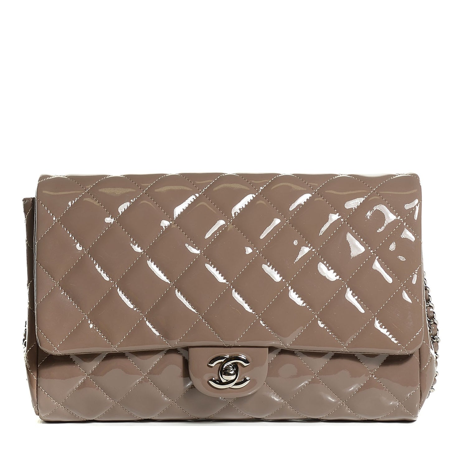 Patent Quilted Clutch with Chain Flap Grey