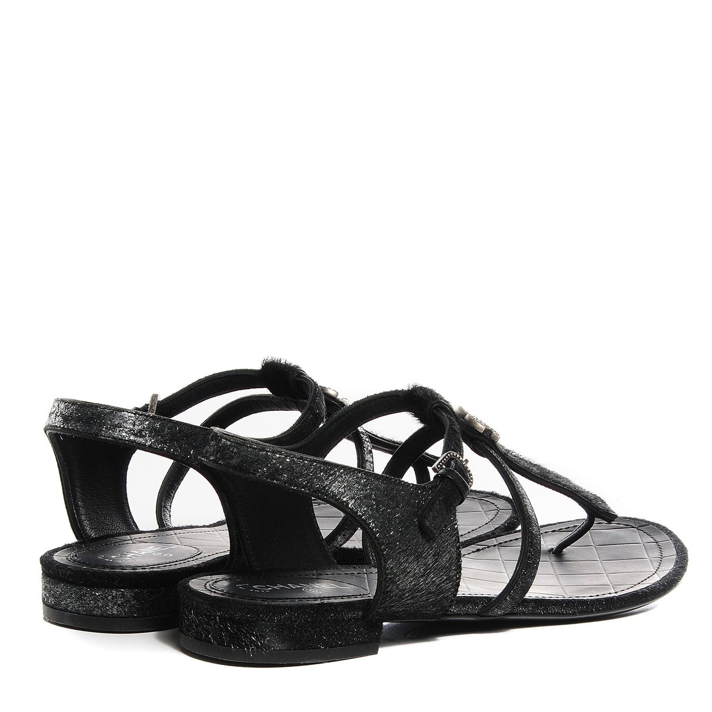 Pony Hair CC Thong Sandals 38.5 Black Silver