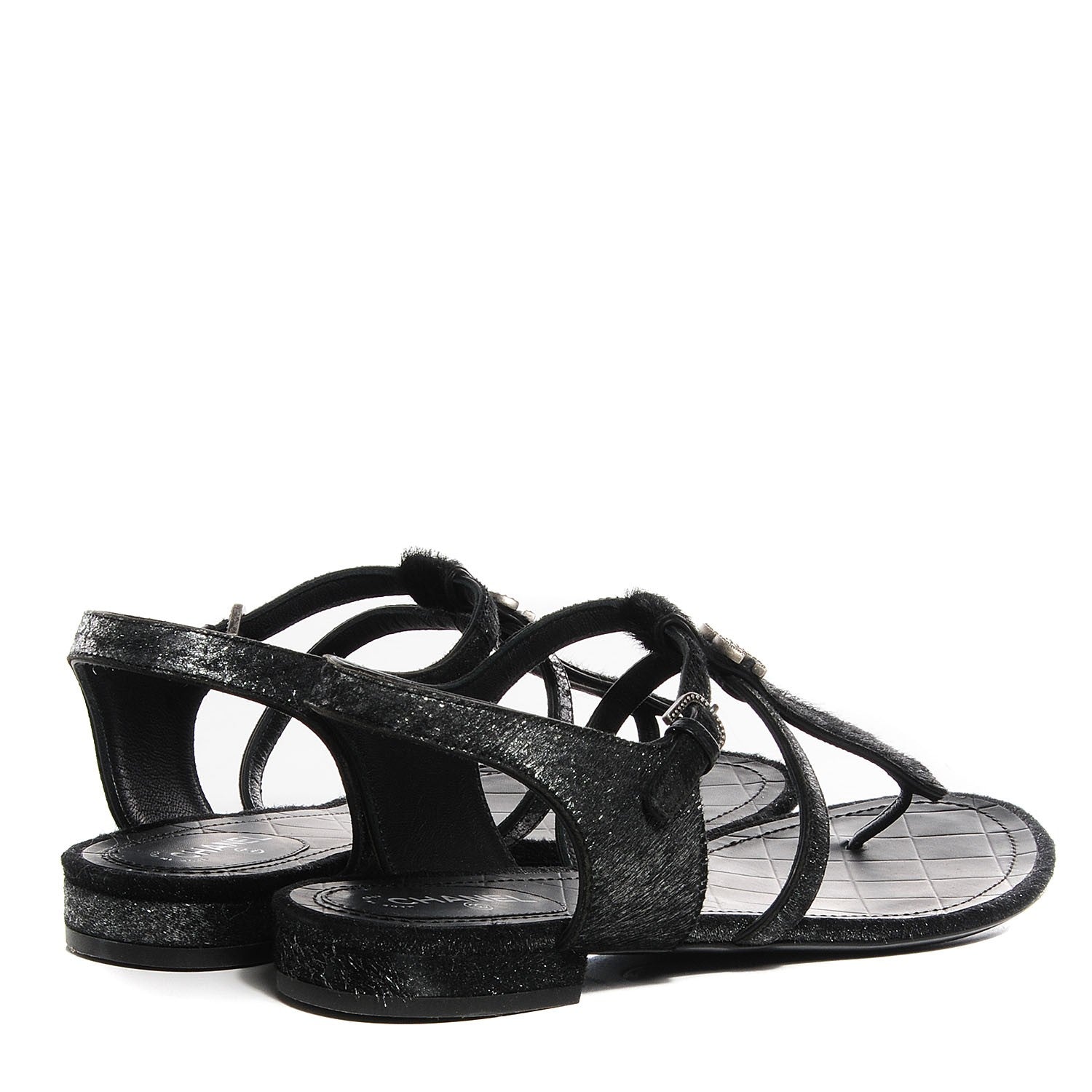 Chanel Pony Hair CC Thong Sandals 38.5 Black Silver 4 of 7