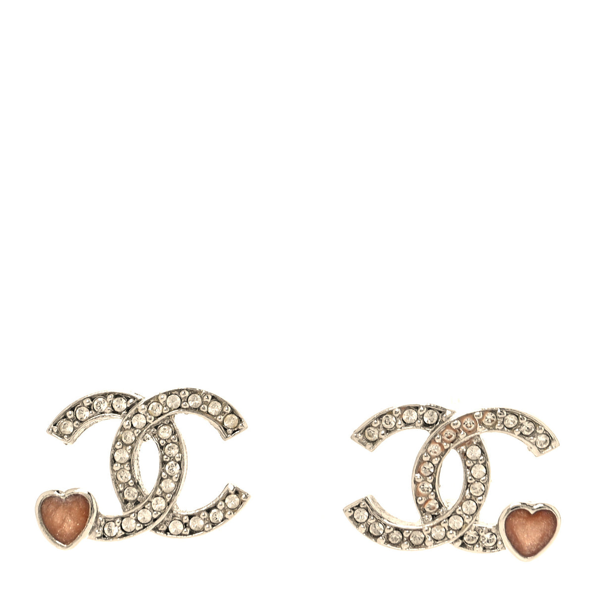 Chanel Metal Crystal CC Heart Earrings Silvery Pink 1 of 6