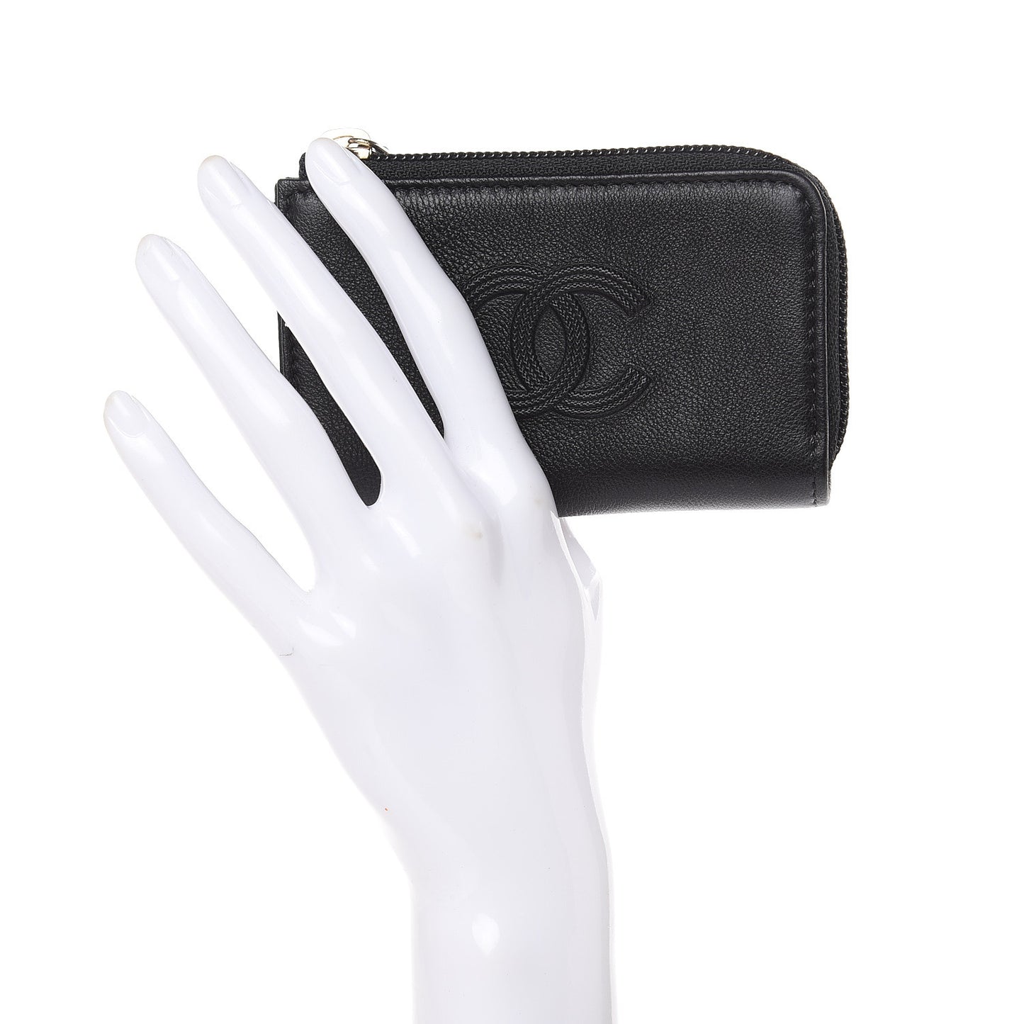 Calfskin Chain Embossed CC Key Holder Case Black