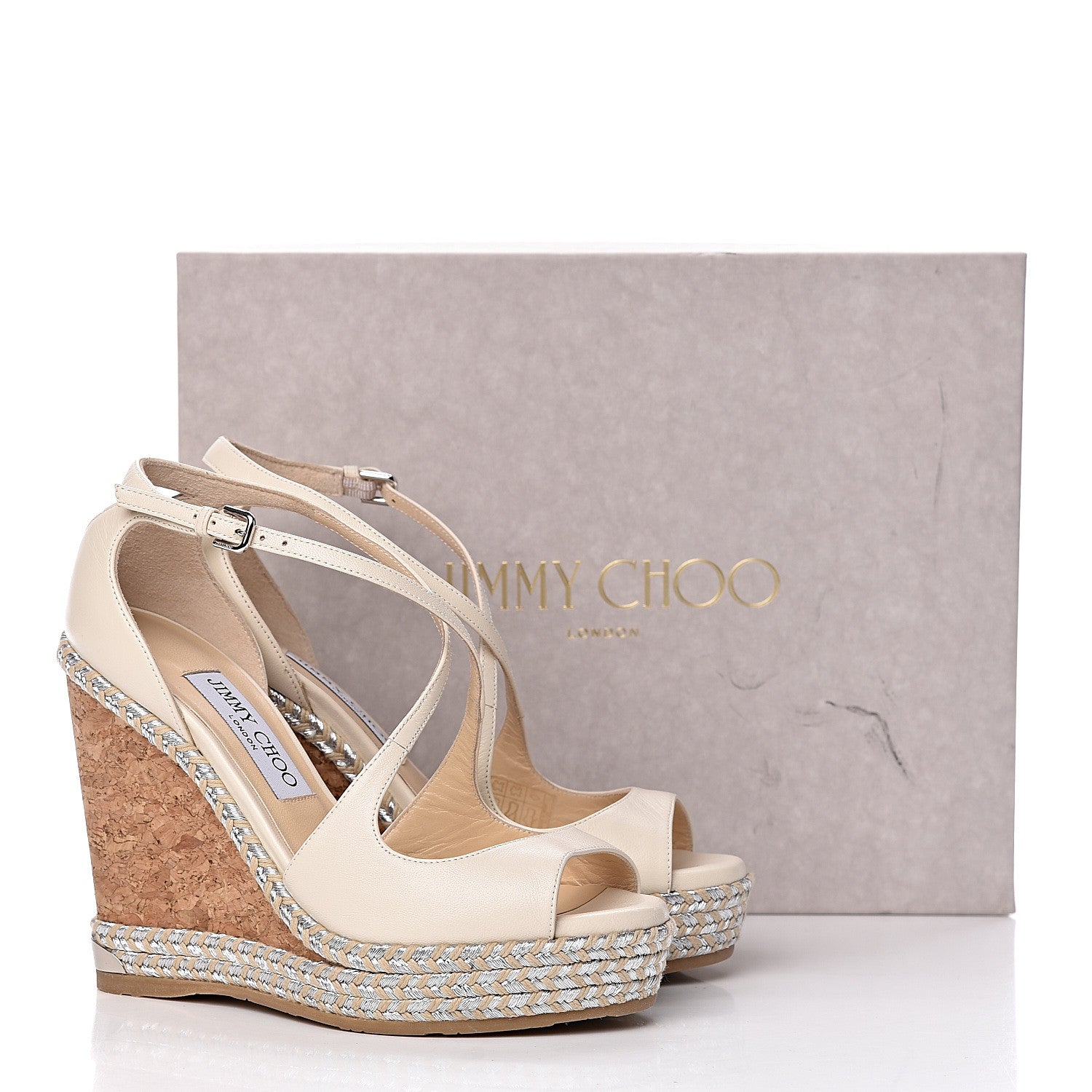 Jimmy Choo Lambskin Cork Dakota 120 Wedge Sandals 36.5 Off White 10 of 10