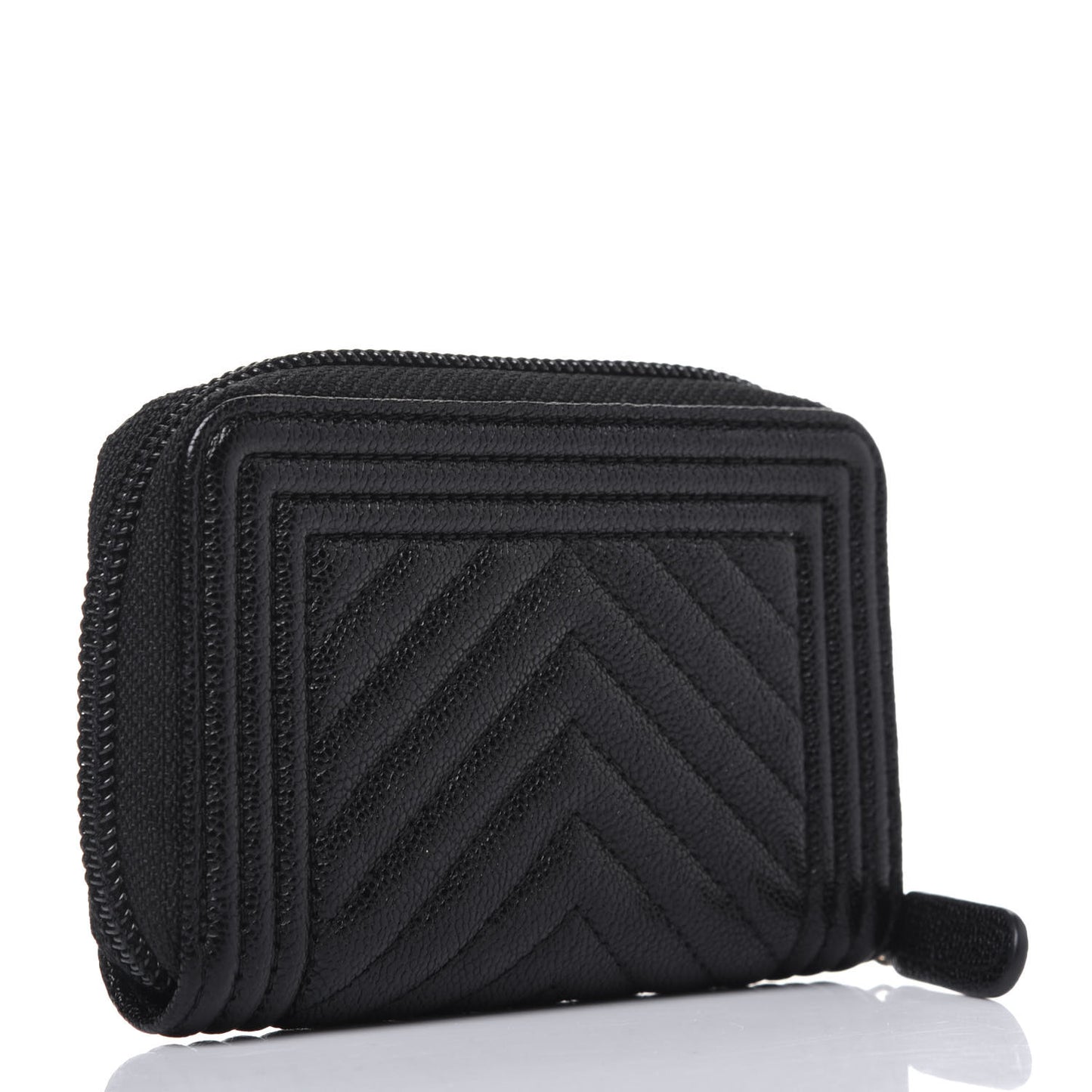 Caviar Chevron Quilted Boy Zip Around Coin Purse Wallet Black