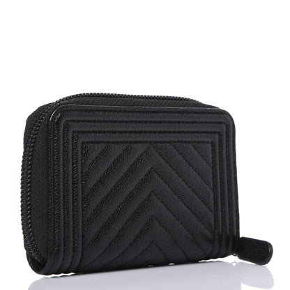 Chanel Caviar Chevron Quilted Boy Zip Around Coin Purse Wallet Black 3 of 12
