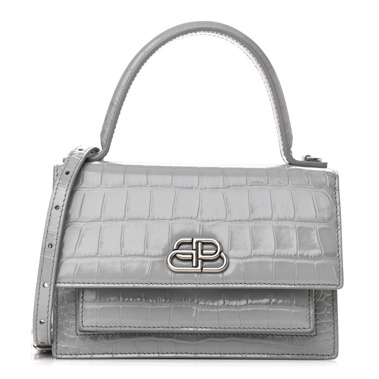 Shiny Calfskin Crocodile Embossed XS Sharp Top Handle Bag Balenciaga Grey