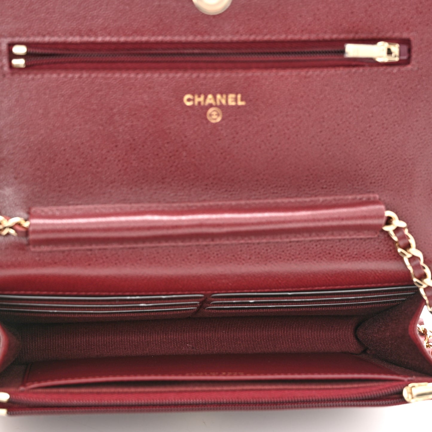 Caviar Quilted Studded CC Wallet On Chain WOC Burgundy