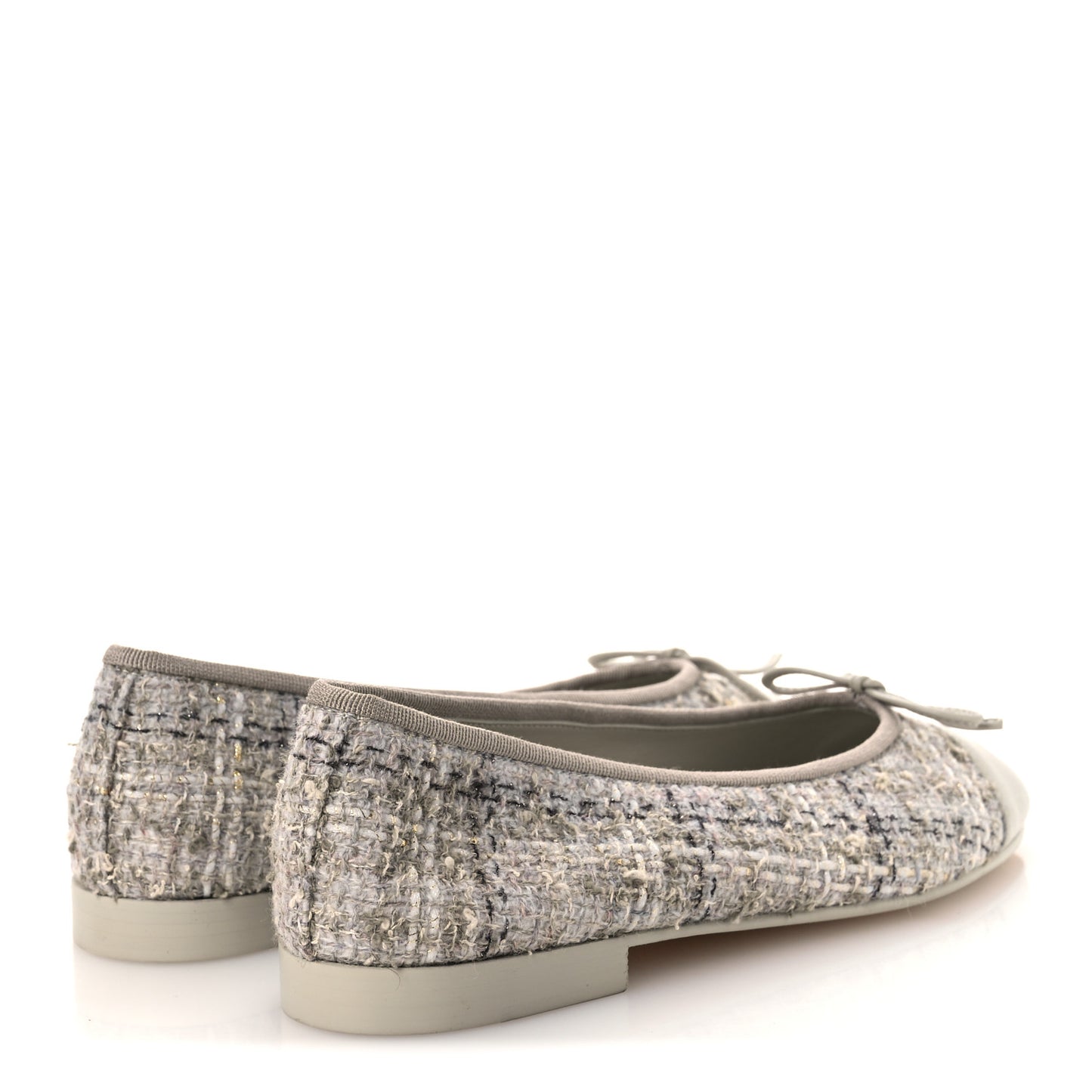 Wool Cotton Tweed Lambskin Cap Toe Ballerina Flats 37 Gray Black Gold