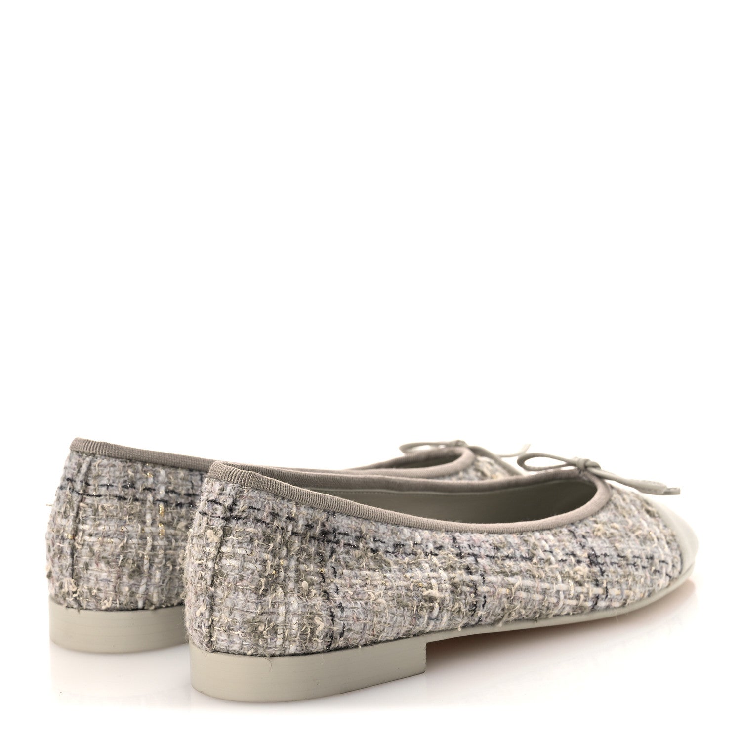 Chanel Wool Cotton Tweed Lambskin Cap Toe Ballerina Flats 37 Gray Black Gold 5 of 11