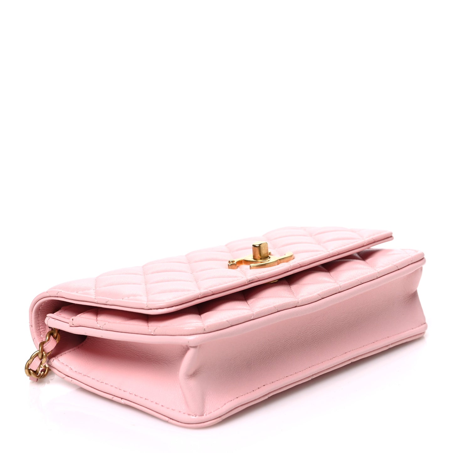 Shiny Lambskin Quilted CC Slide Wallet On Chain WOC  Light Pink