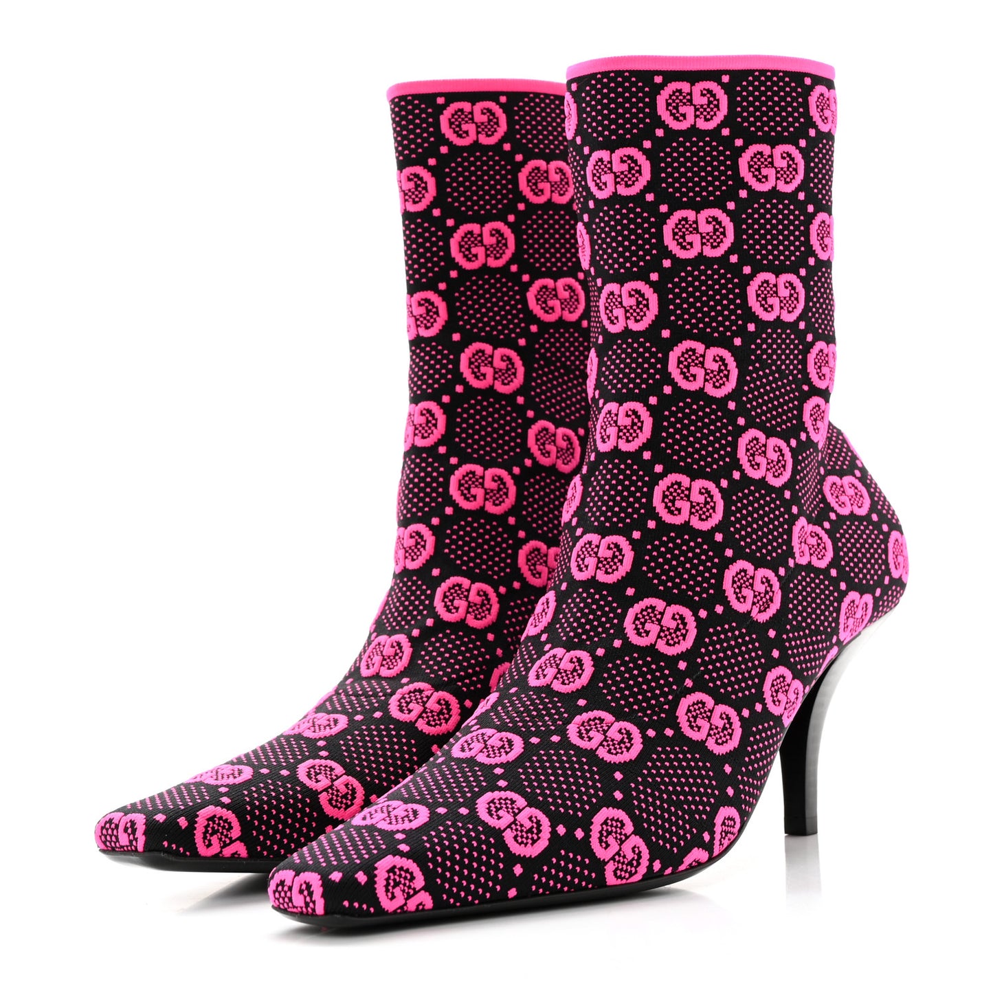 Technical Jersey Knit GG Monogram Square G 75mm Ankle Boots 38.5 Black Neon Fucsia