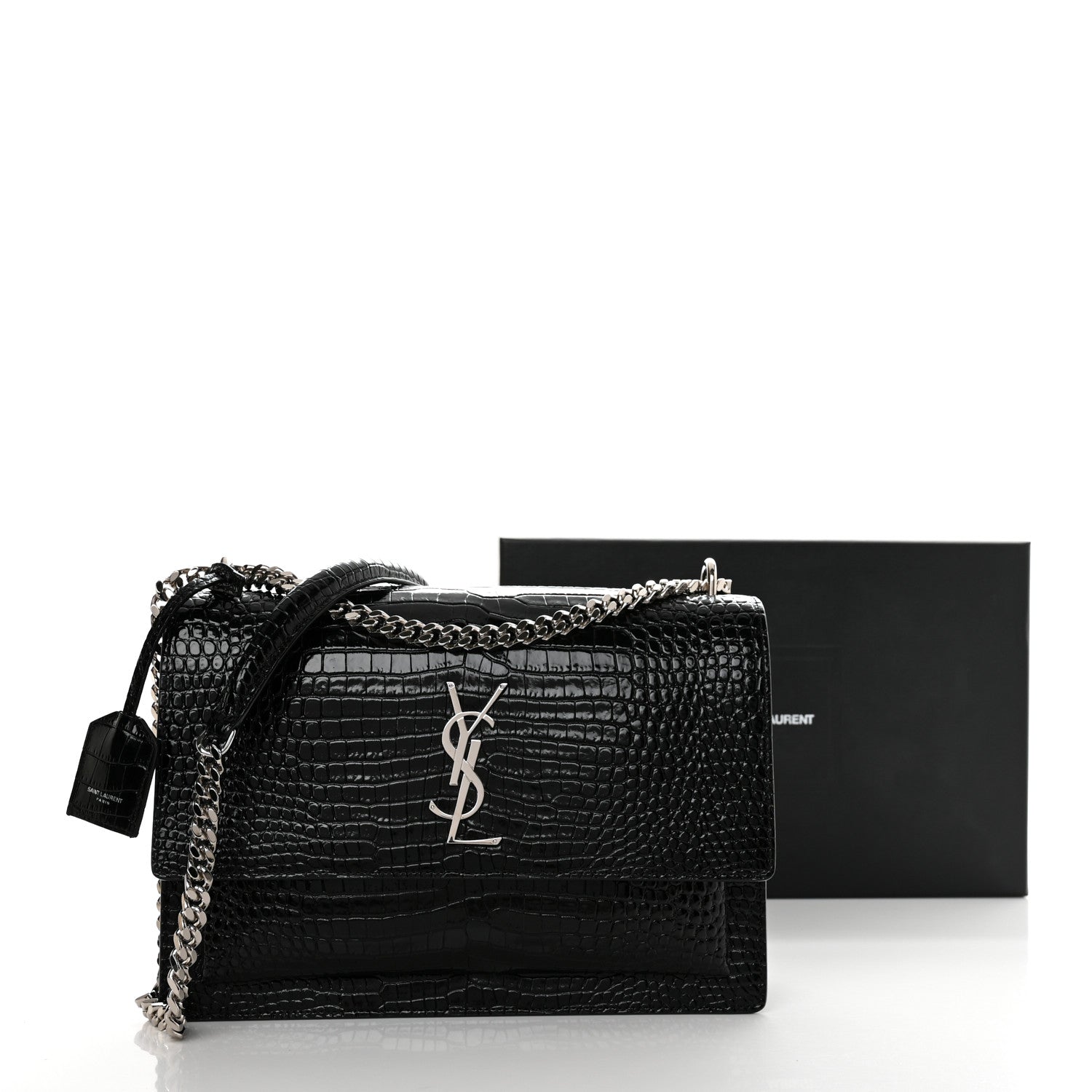 Saint Laurent Calfskin Crocodile Embossed Large Monogram Sunset Black 11 of 11