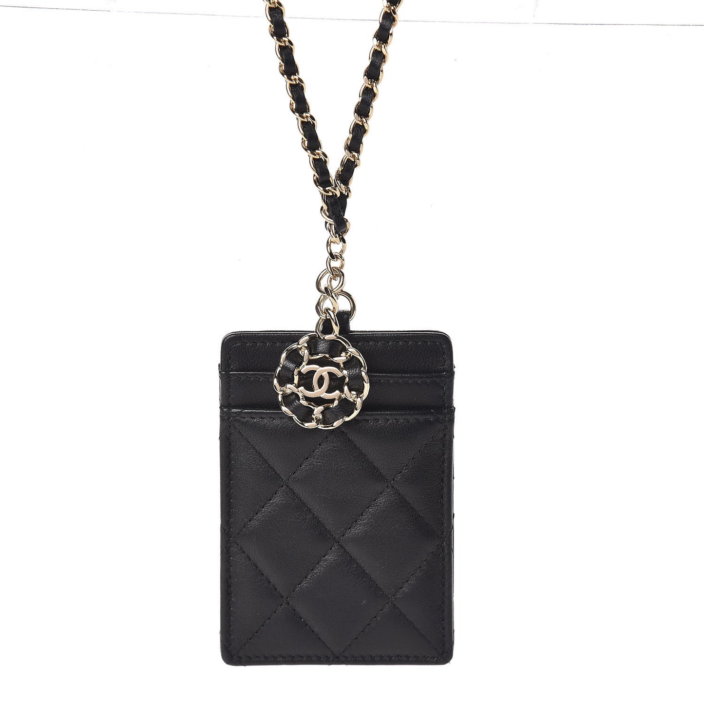 Lambskin Quilted Card Holder On Chain Black