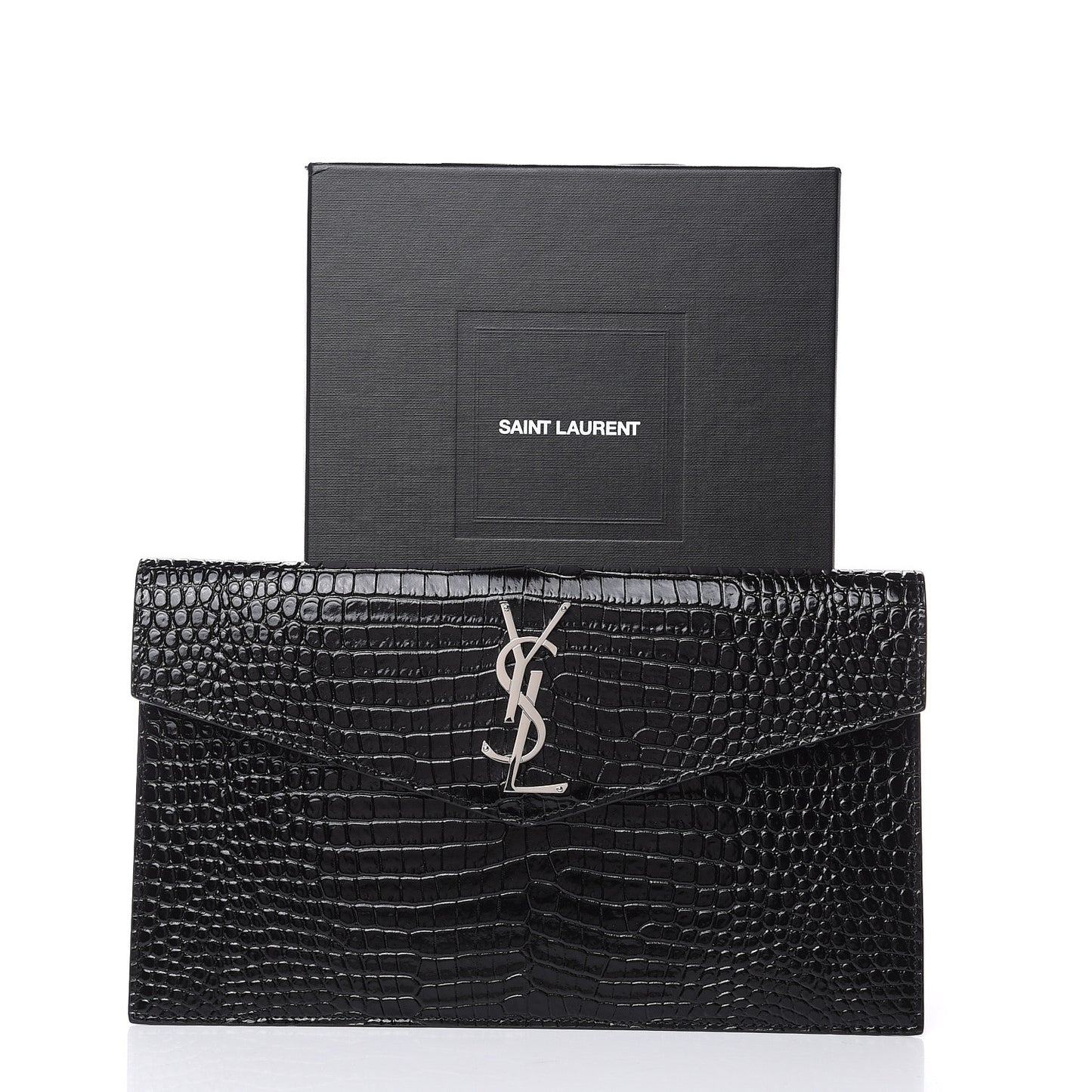 Calfskin Crocodile Embossed Uptown Monogram Clutch Black