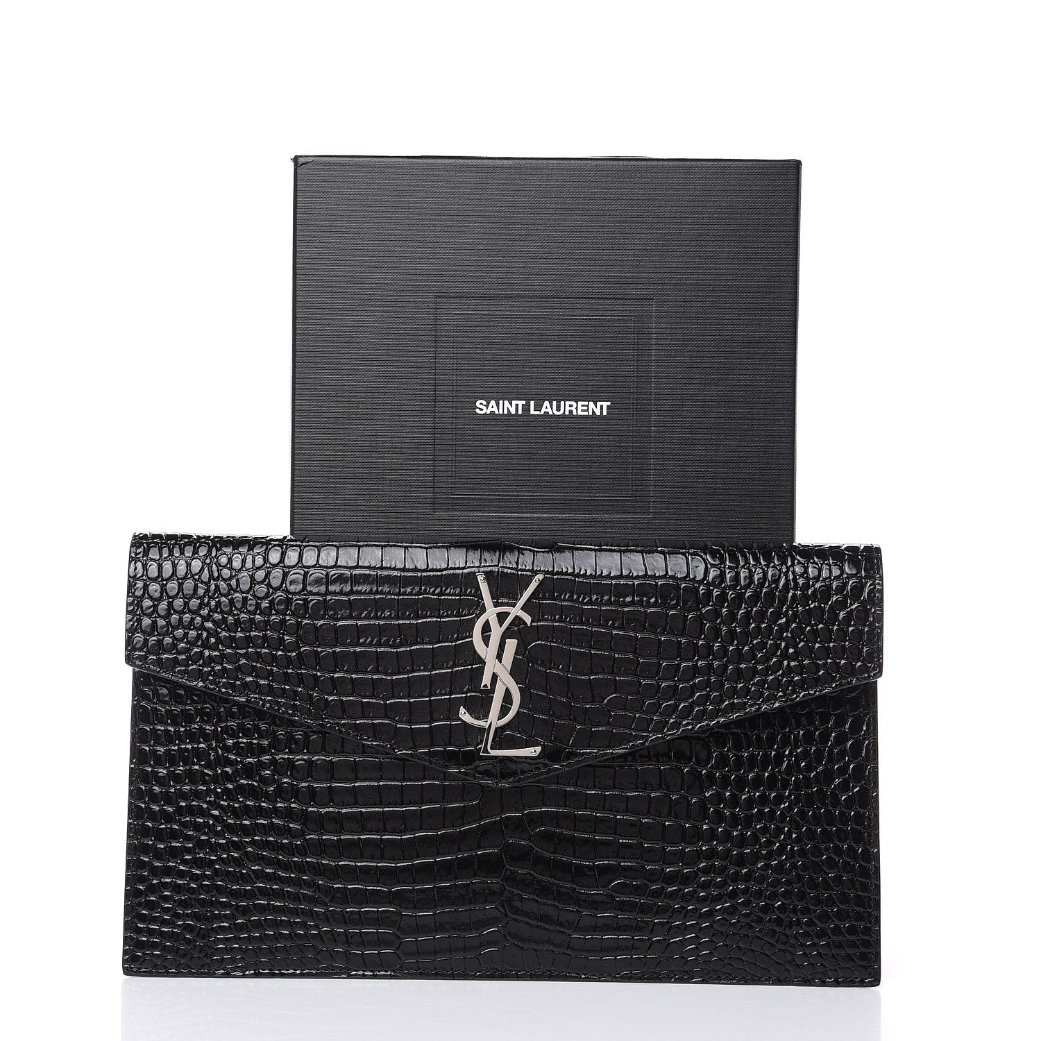 Saint Laurent Calfskin Crocodile Embossed Uptown Monogram Clutch Black 6 of 6
