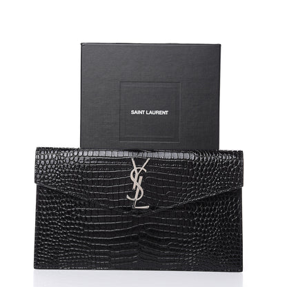 Saint Laurent Calfskin Crocodile Embossed Uptown Monogram Clutch Black 6 of 6