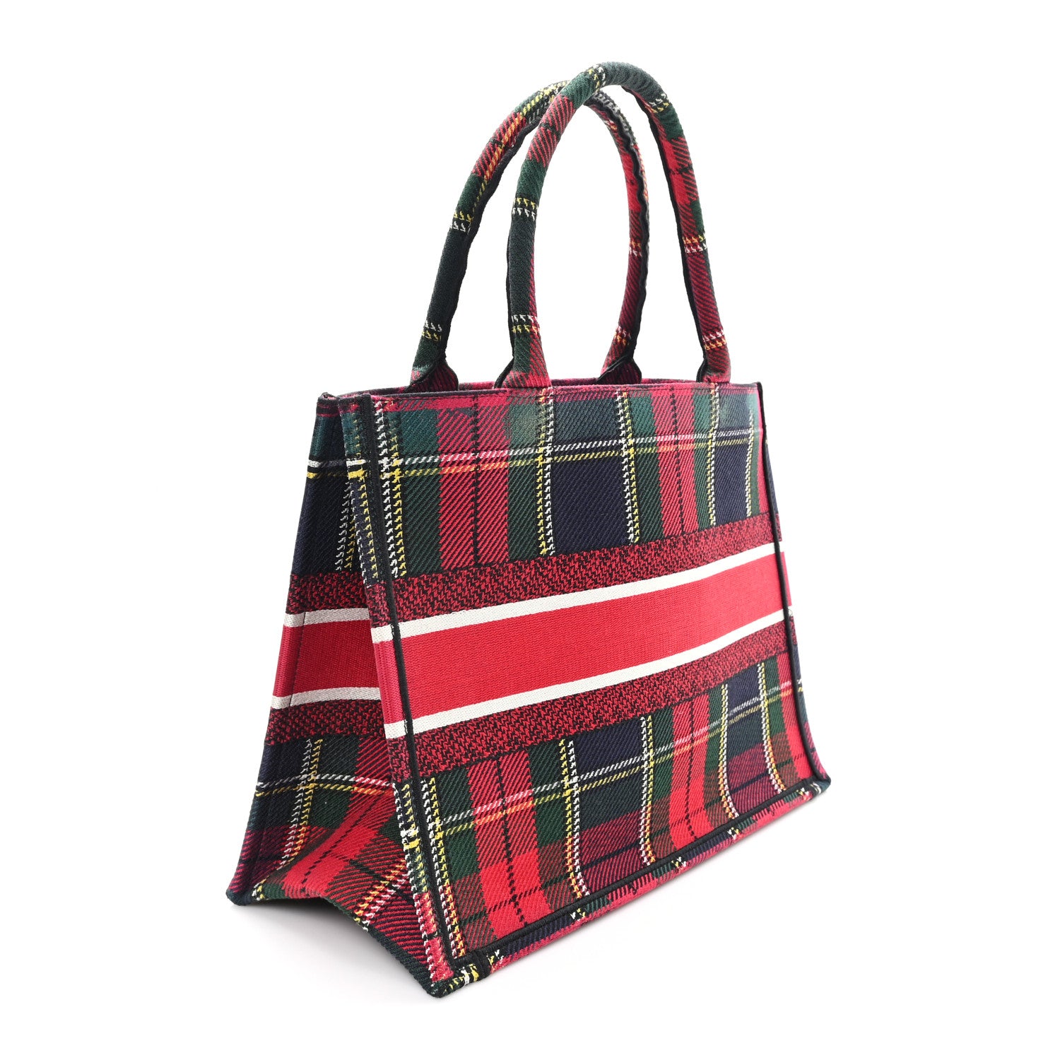 Christian Dior Canvas Embroidered Medium Tartan Check Book Tote Red Multicolor 2 of 10