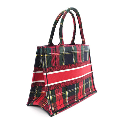 Christian Dior Canvas Embroidered Medium Tartan Check Book Tote Red Multicolor 2 of 10