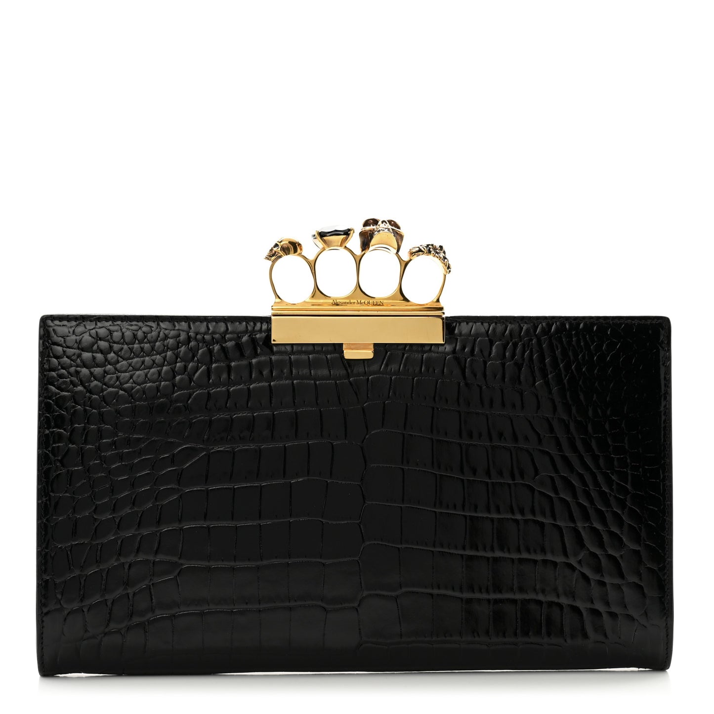 Calfskin Crocodile Embossed Knuckle Flat Clutch Black Gold