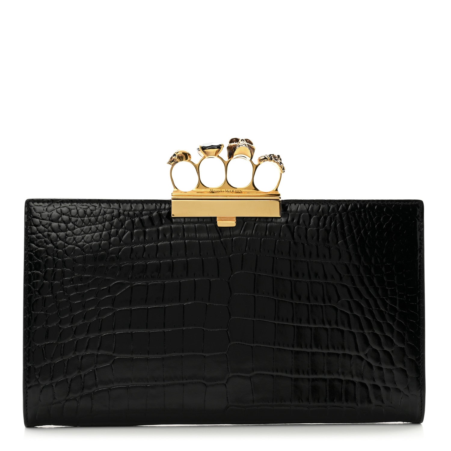 Alexander McQueen Calfskin Crocodile Embossed Knuckle Flat Clutch Black Gold 1 of 9