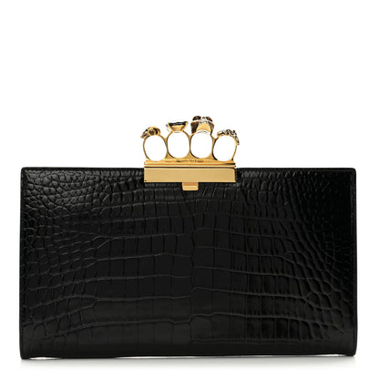 Alexander McQueen Calfskin Crocodile Embossed Knuckle Flat Clutch Black Gold 1 of 9