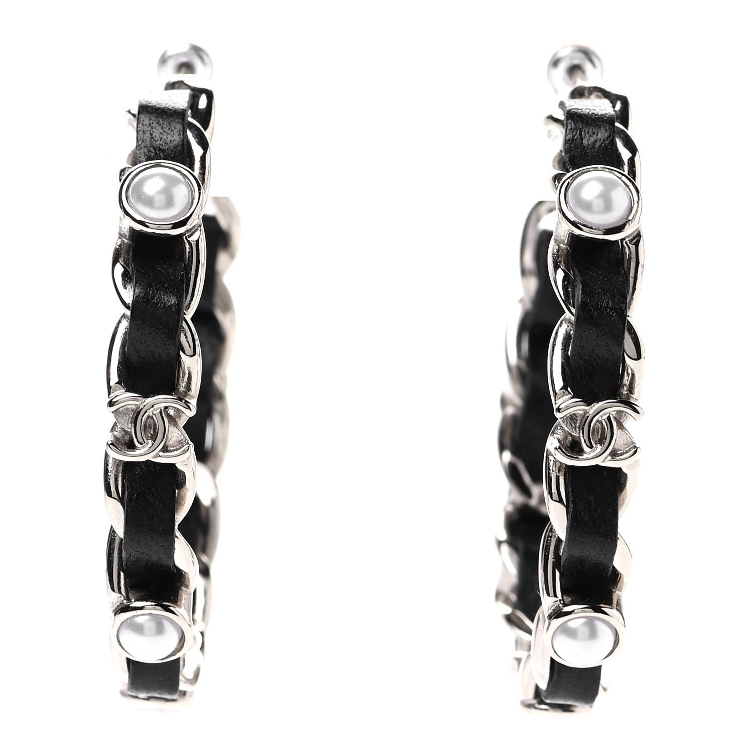 Chanel Lambskin Pearl CC Chain Hoop Earrings Gold Black 1 of 4