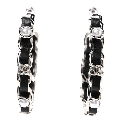 Chanel Lambskin Pearl CC Chain Hoop Earrings Gold Black 1 of 4