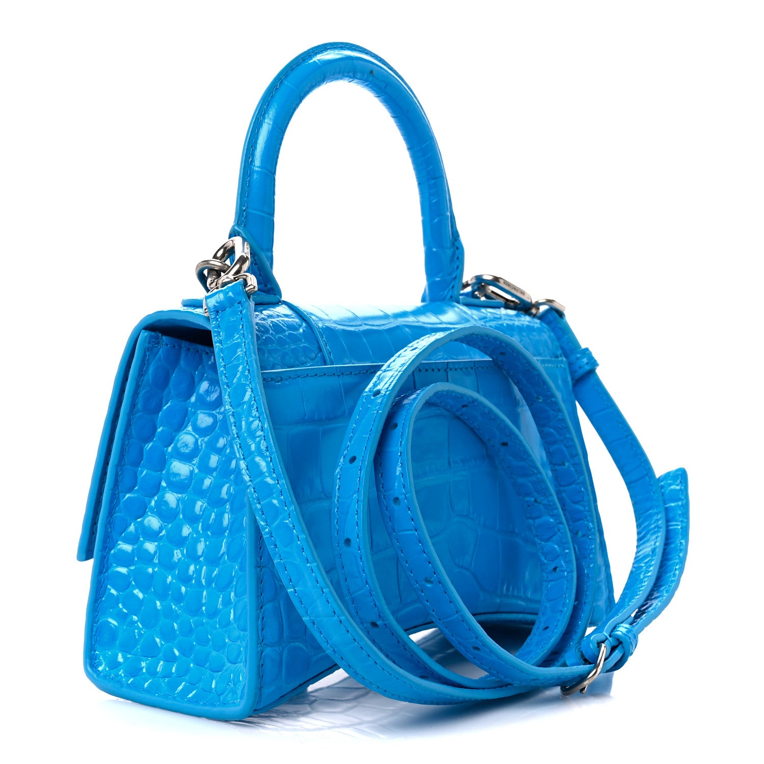 Balenciaga Shiny Calfskin Crocodile Embossed Hourglass Top Handle Bag XS Cyan 3 of 11