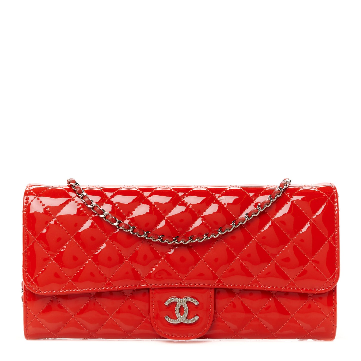 Patent Calfskin Quilted Brilliant East West Flap Clutch Red