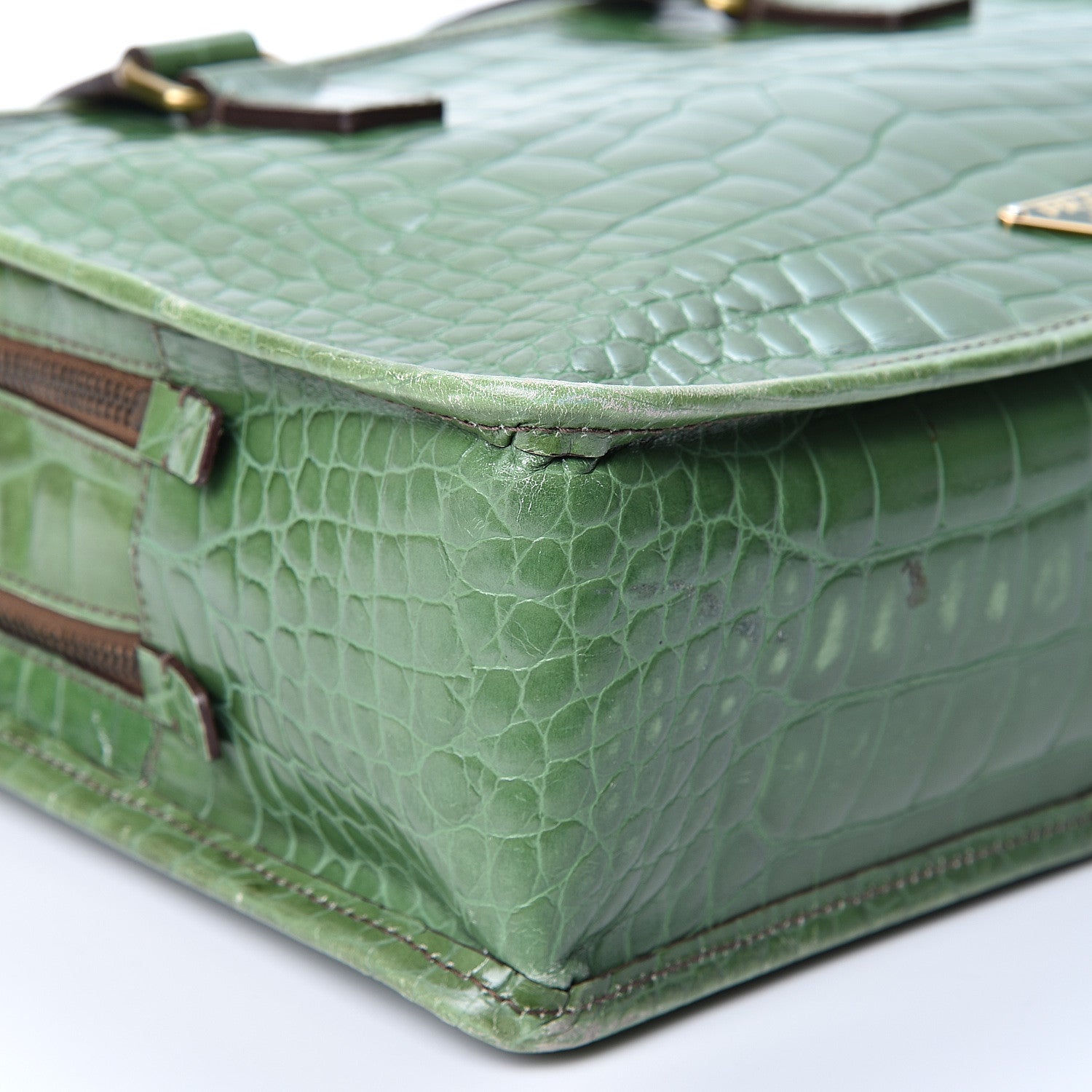 Prada Shiny Calfskin Crocodile Embossed Double Zip Bauletto Larice 7 of 11