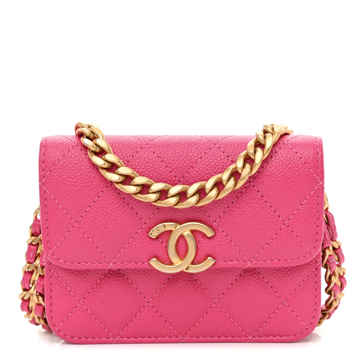 Shiny Caviar Quilted Chain Melody Card Holder On Chain Dark Pink