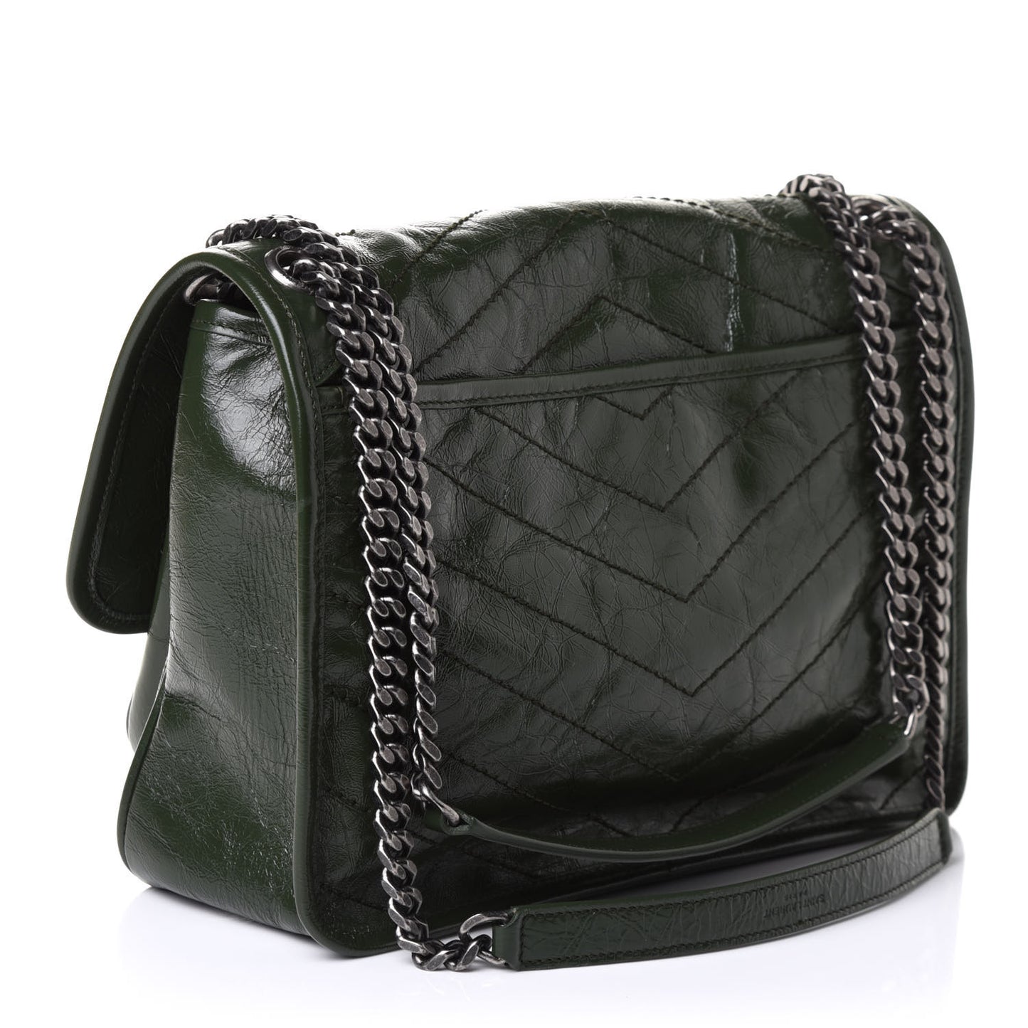 Crinkled Calfskin Matelasse Monogram Medium Niki Chain Satchel Military Olive