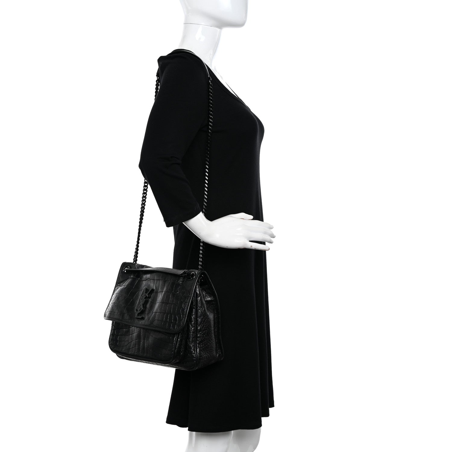 Saint Laurent Crocodile Embossed Lambskin Monogram Medium Niki Chain Satchel Black 2 of 12