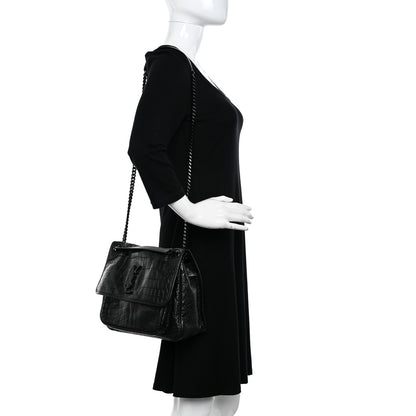 Saint Laurent Crocodile Embossed Lambskin Monogram Medium Niki Chain Satchel Black 2 of 12