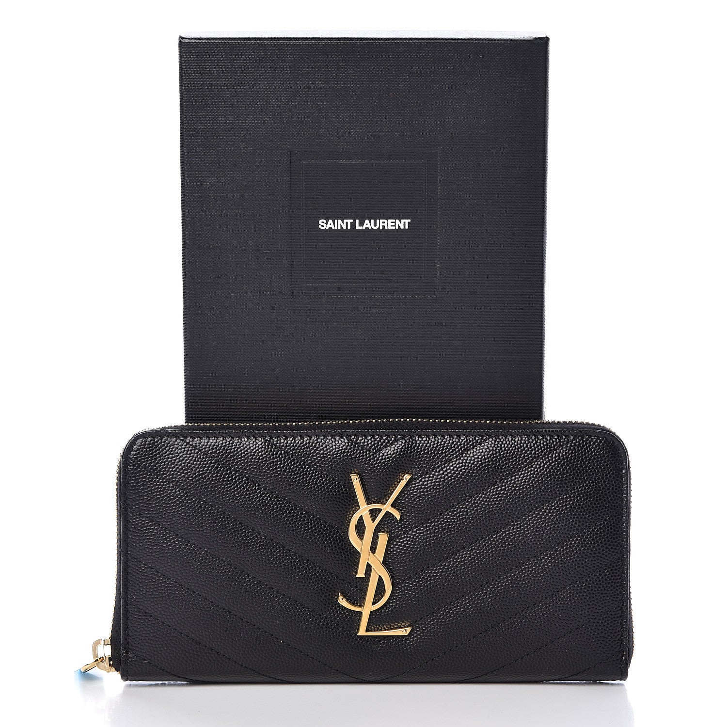 Saint Laurent Grain De Poudre Matelasse Chevron Monogram Zip Around Wallet Black 7 of 7