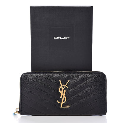 Saint Laurent Grain De Poudre Matelasse Chevron Monogram Zip Around Wallet Black 7 of 7