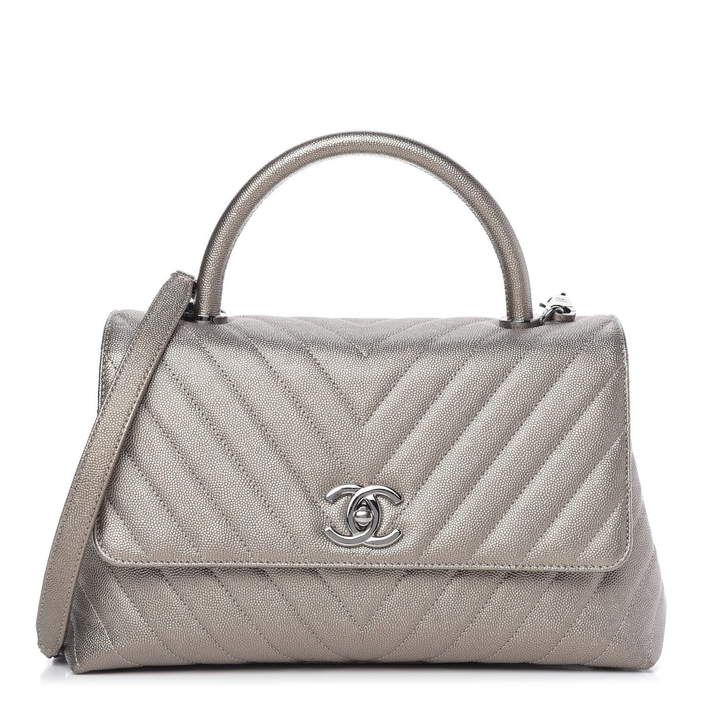 Metallic Caviar Chevron Quilted Small Coco Handle Flap Light Gold