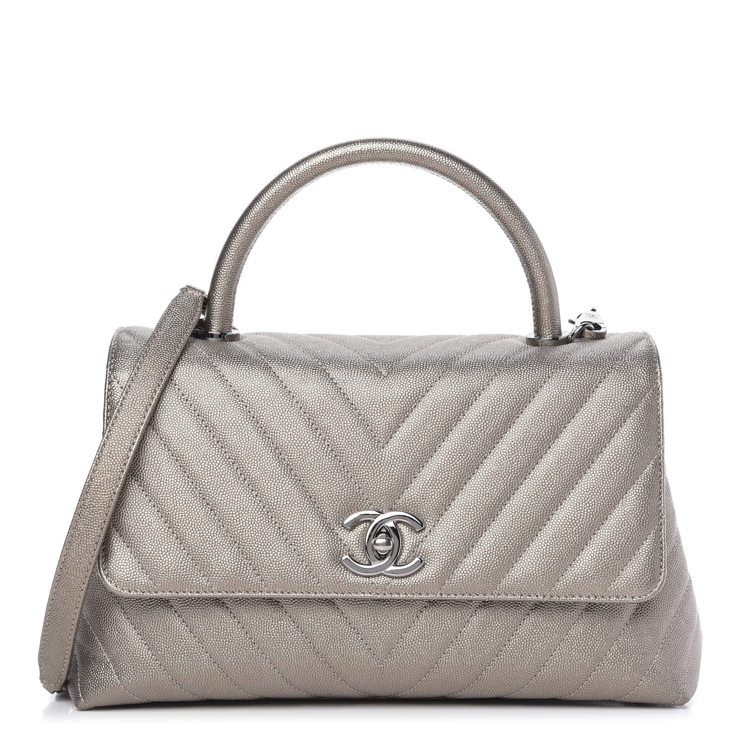 Chanel Metallic Caviar Chevron Quilted Small Coco Handle Flap Light Gold 1 of 9