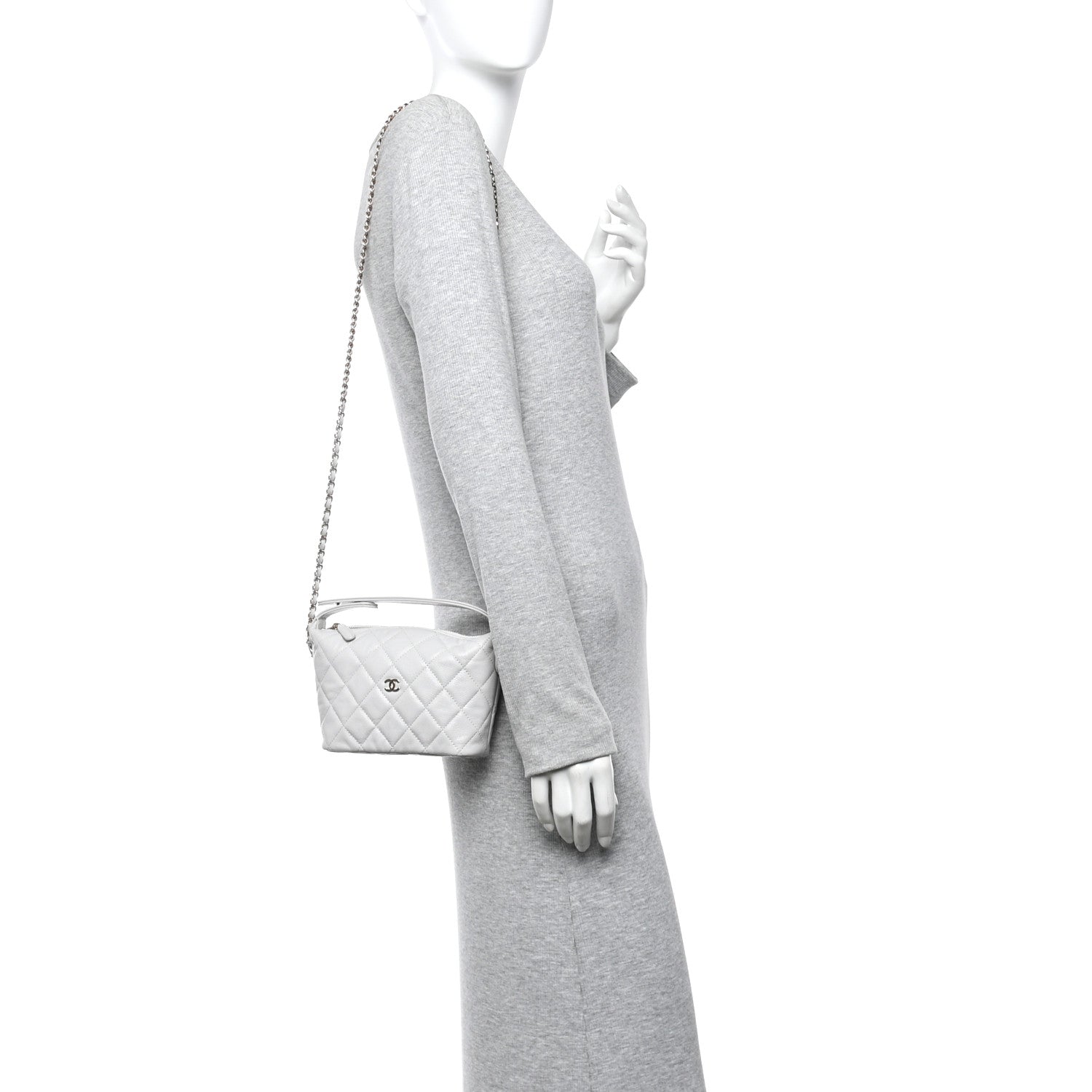 Chanel Shiny Caviar Quilted Hobo Clutch With Chain Light Grey 2 of 10