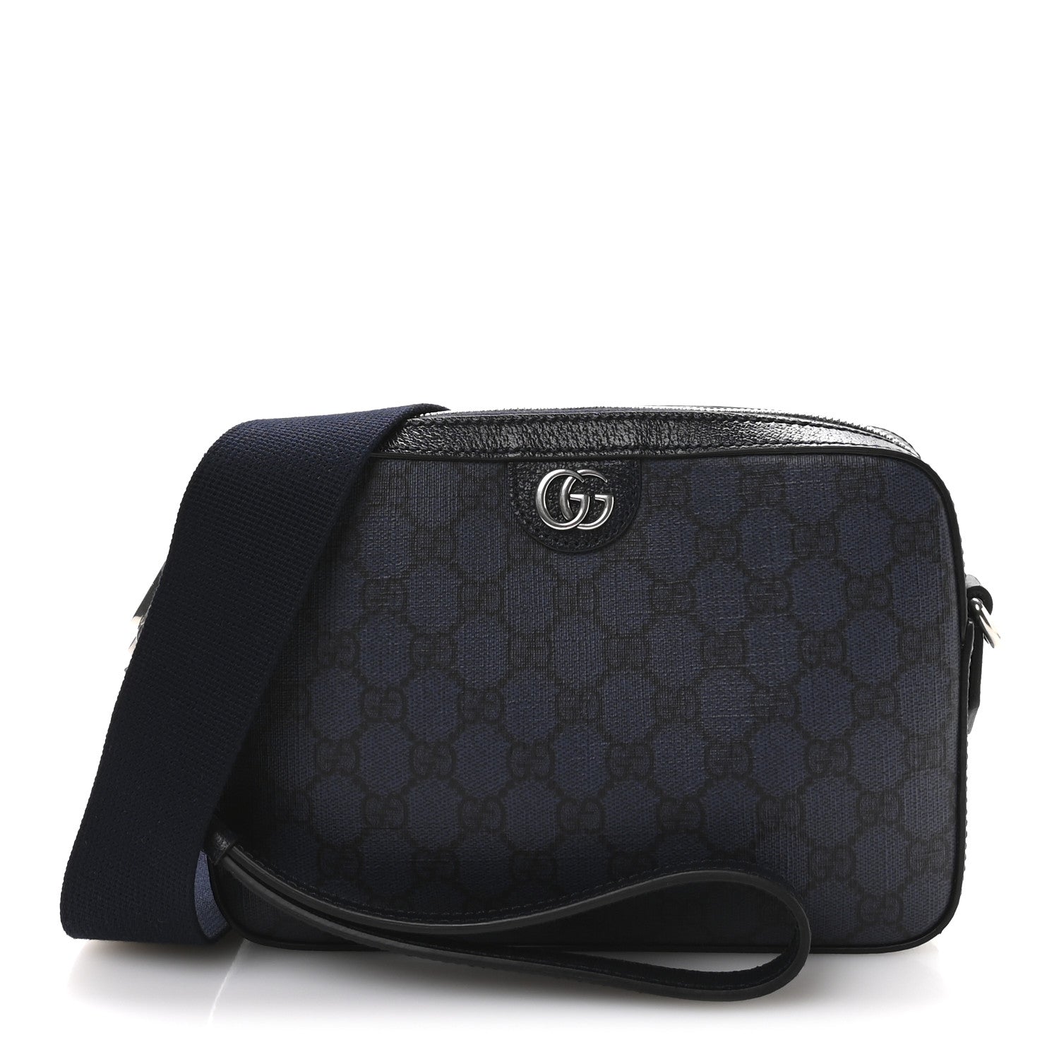 Gucci GG Supreme Monogram Textured Dollar Calfskin Web Ophidia Wristlet Shoulder Bag Black Blue 1 of 10
