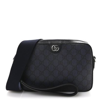 Gucci GG Supreme Monogram Textured Dollar Calfskin Web Ophidia Wristlet Shoulder Bag Black Blue 1 of 10