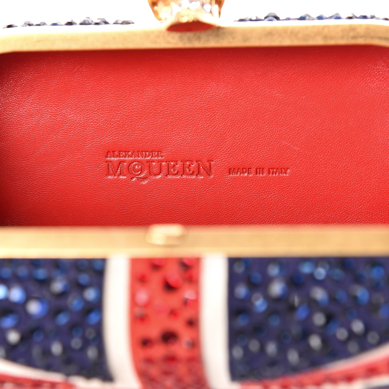 Alexander McQueen Suede Swarovski Crystal Pearl Britannia Skull Box Clutch Red Blue 8 of 13