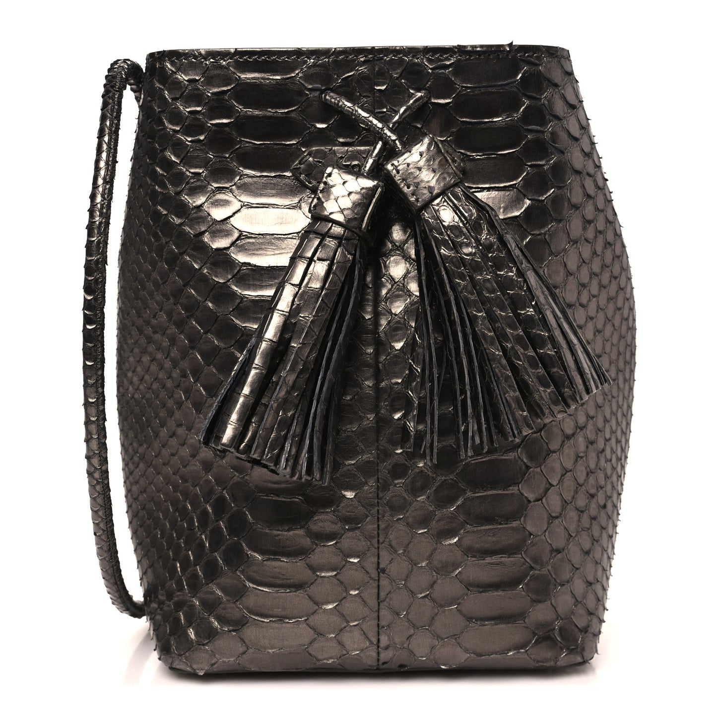 Metallic Snakeskin Small Double Tassel Bucket Bag Silver