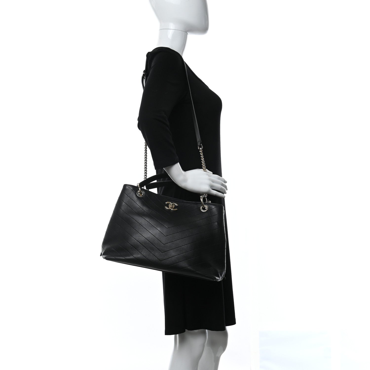 Chanel Calfskin Stitched Large Chevron Chic Shopping Bag Black 2 of 10